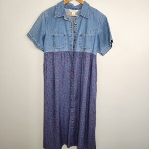 Vintage Cherokee Denim & Navy Ditsy Floral Midi Dress Size XL